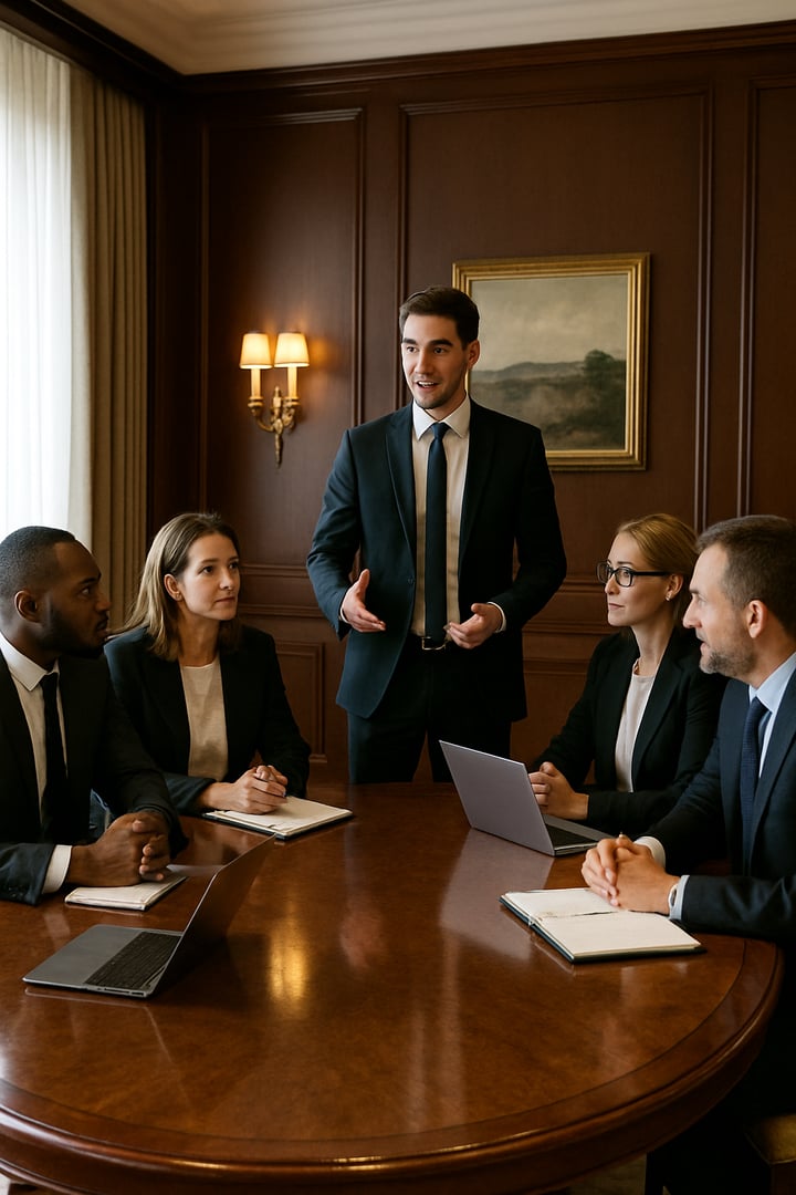 Ejecutivos reunidos en una mesa redonda de una empresa en un saln elegante en uno de los extremos est un joven de pie liderando la reunin-3