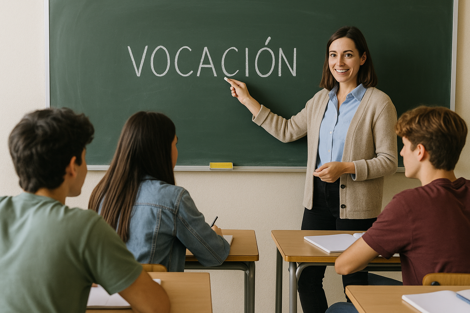 Jvenes estudiante en un saln de clase siendo orientados por una profesora que est en el tablero explicndoles algo con la palabra VOCACIN