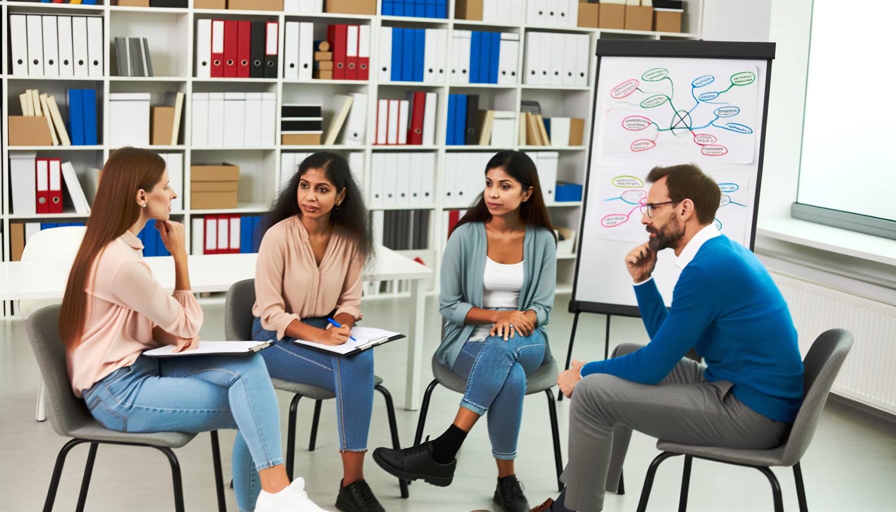 Profesionales de la investigación sentados en una oficina discutiendo y hablando