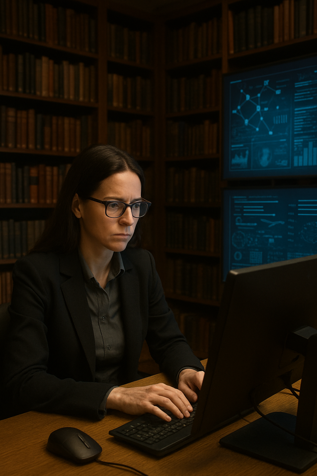 Psicloga forense investigando en un computador rodeada de una gran biblioteca que tambin tiene pantallas con informacin y algoritmos de bsquedas Sin p