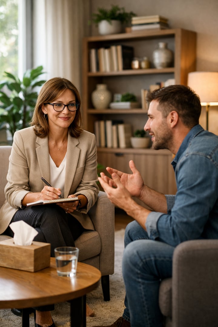 Psychologist in Cozy Therapy Room with Patient and Bookshelf-1