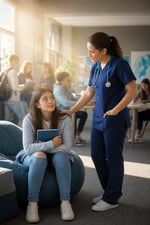 Teenager Reflecting in School Setting with Emotional Symbols and Nursing Support