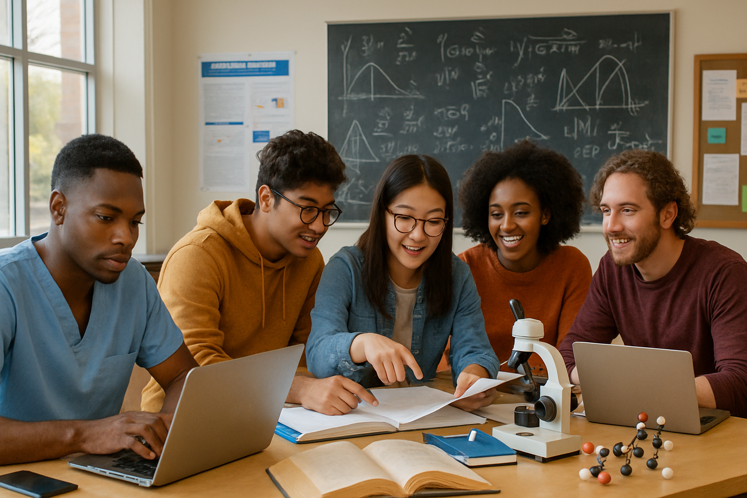The image depicts a vibrant academic environment featuring a diverse group of students engaged in collaborative research They are gathered around a la-2