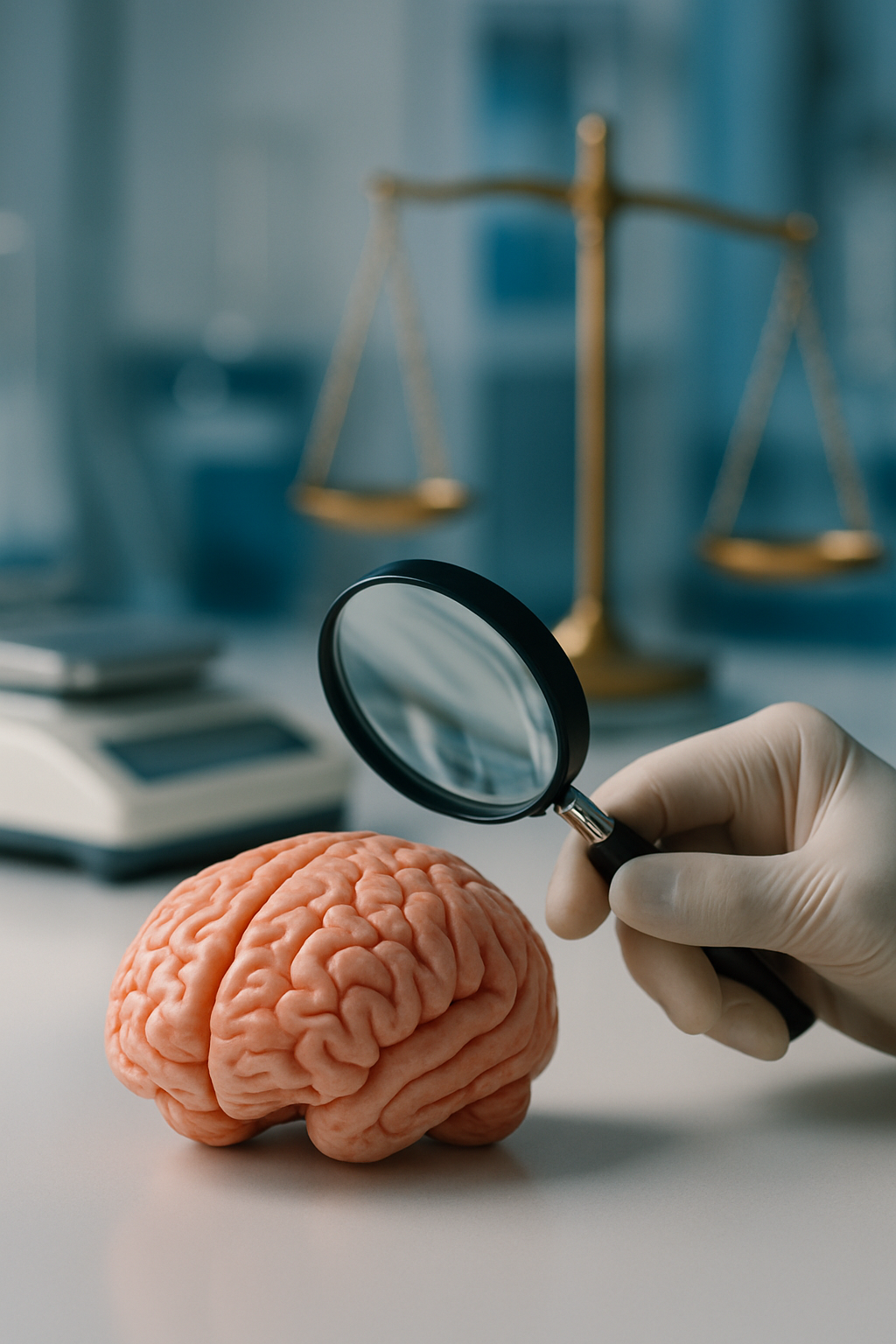 Un cerebro siendo investigado por una mano que sostiene lupa en un laboratorio cientfico con una balanza seal de justicia al fondo de forma desenfocad-1