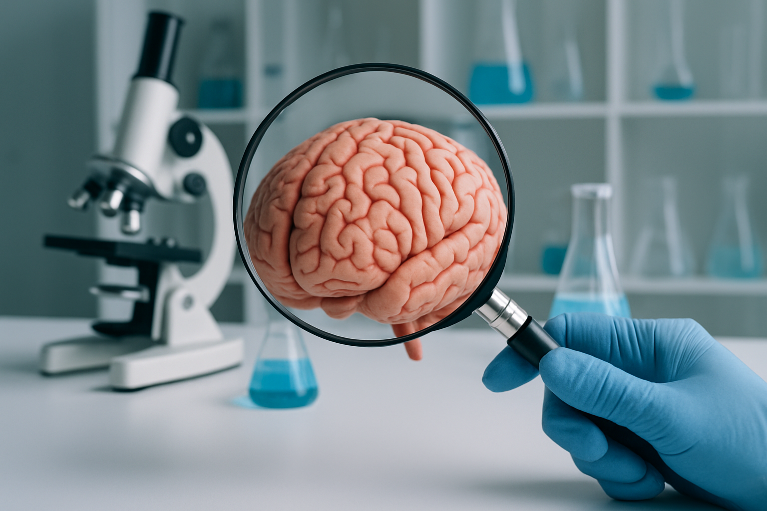 Una imagen representativa de la Psicologa Forense como un cerebro siendo analizado por una lupa sostenida por una mano humana todo en un espacio cient-3