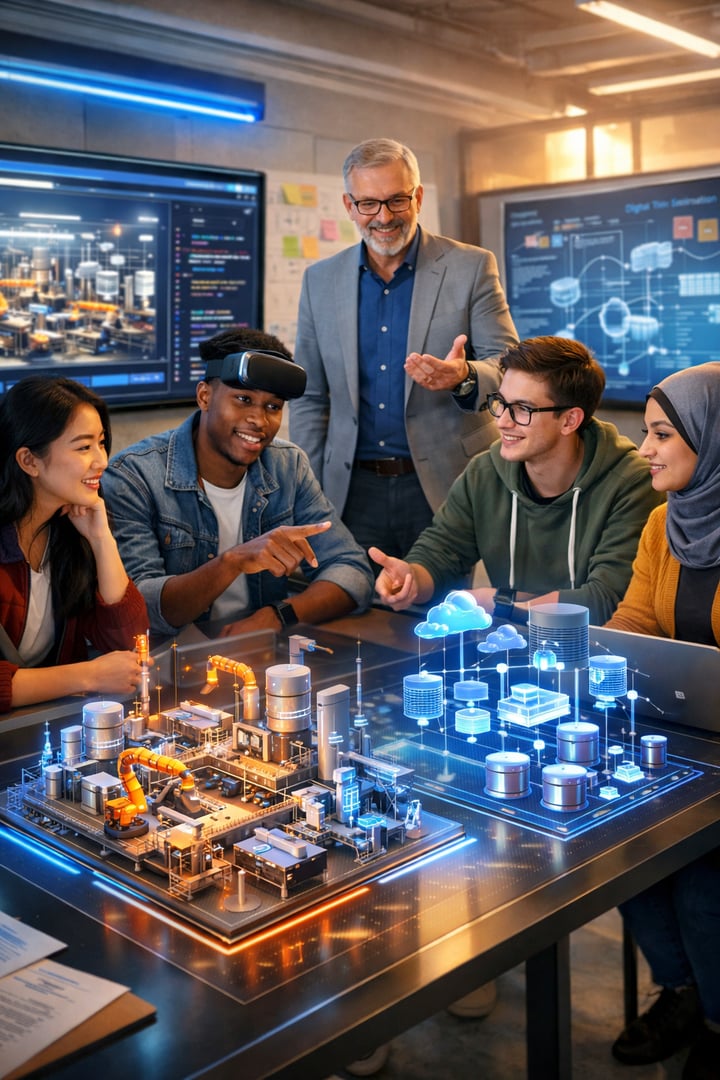 University Students Collaborating On Holographic 3D Models Of Smart Factories An