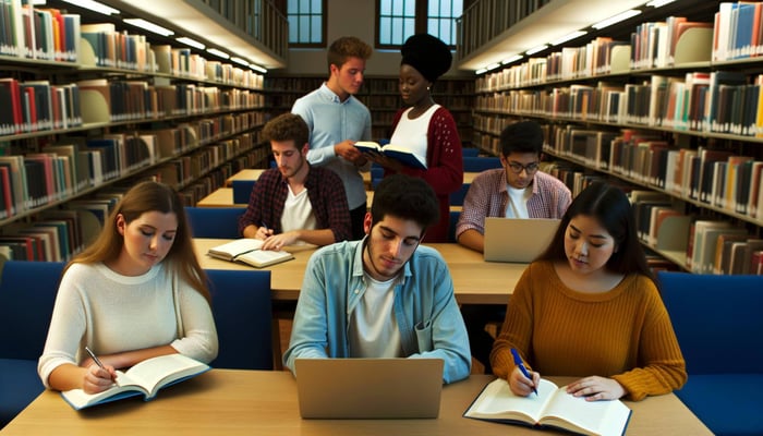 grupo de estudiantes en biblioteca