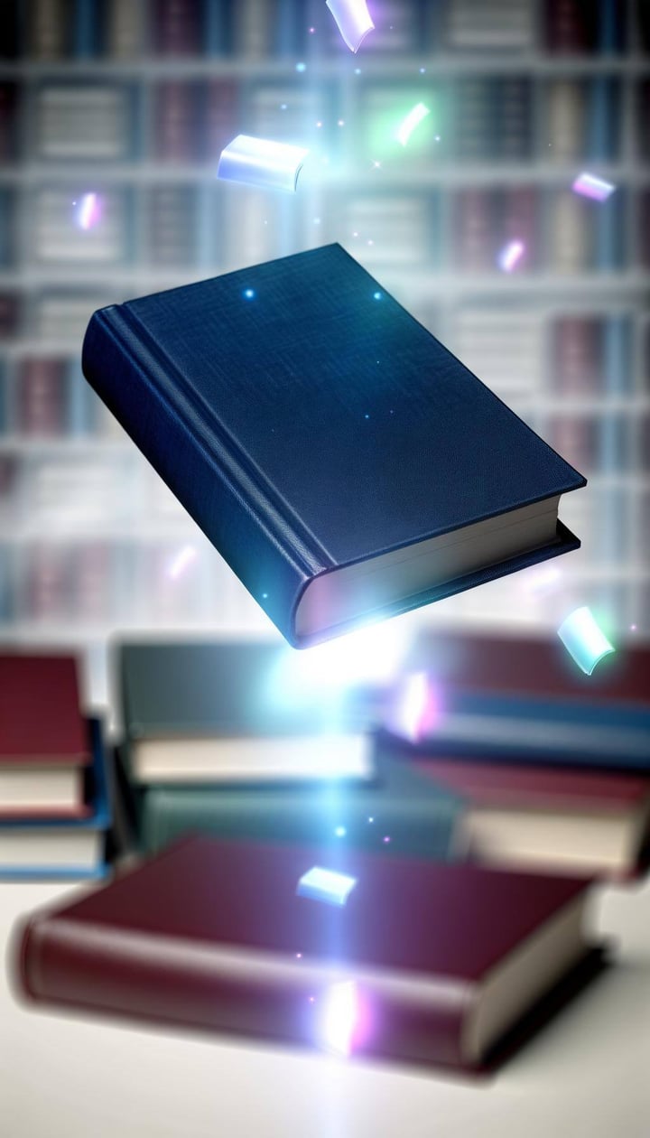 libro de pasta azul oscuro flotando en un fondo lleno de libros en desenfoque y con hologramas saliendo de él