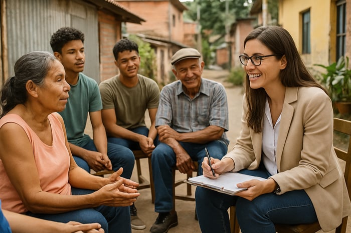 photographic Fotografa profesional estilo realista y documental que represente la Intervencin Psicosocial Comunitaria un psiclogo o psicloga conversan