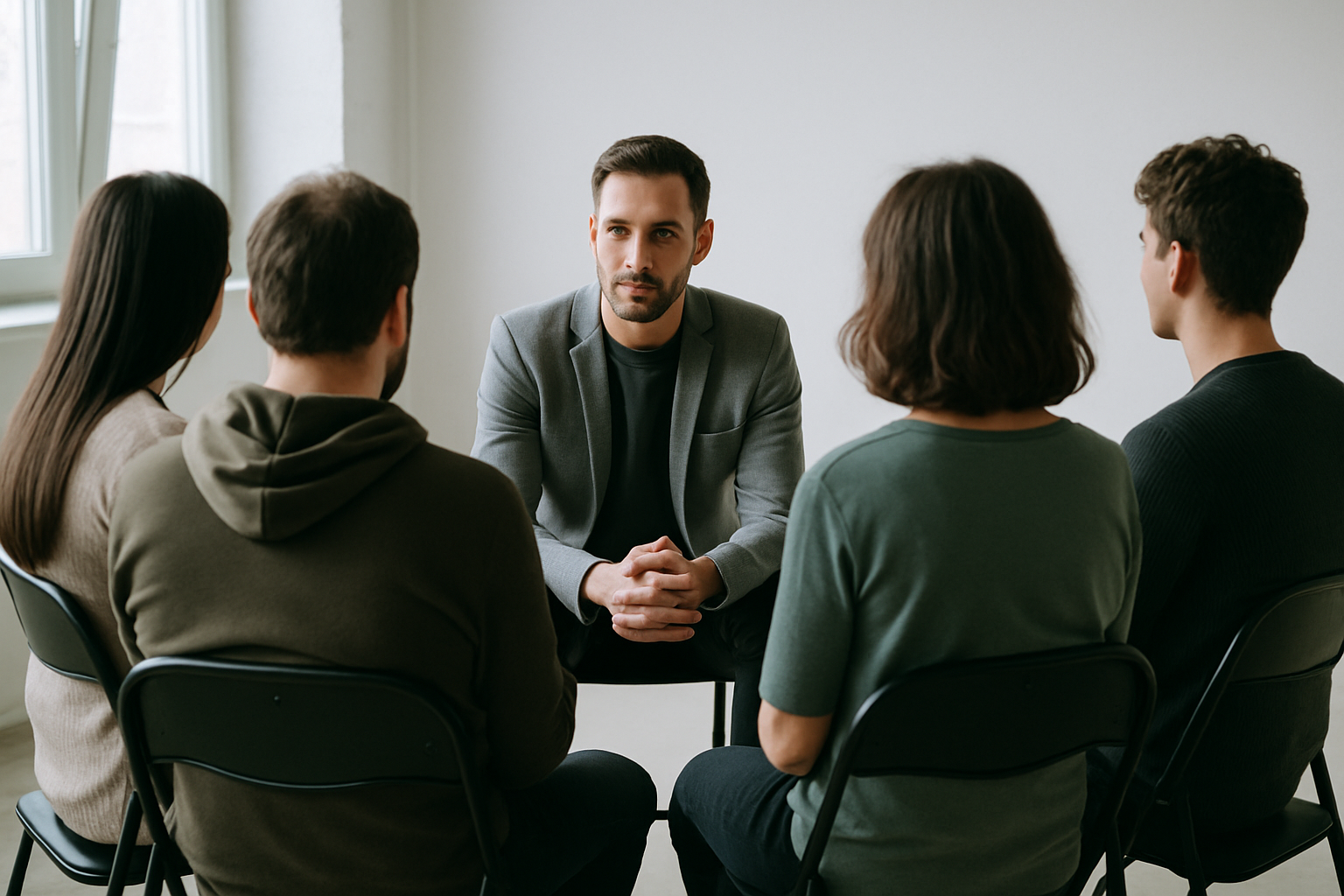 photographic Grupo focal psicosocial liderado por un psiclogo profesional que se vean de espalda donde no se vean rostros ni letras ni palabras