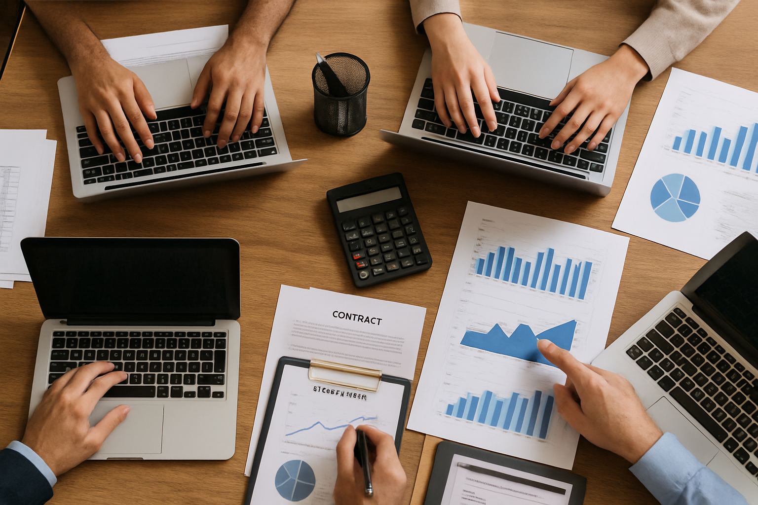 photographic Imagen que muestre las manos de diferentes personas trabajando sobre una mesa en diferentes computadores con papeles de oficina encima co-1