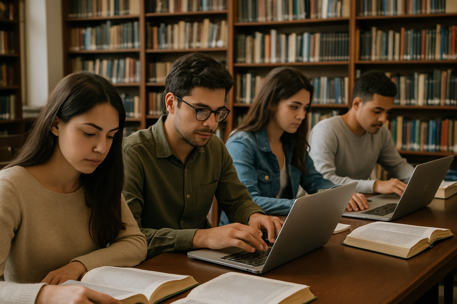photographic Jvenes investigadores en una sala de una biblioteca concentrados leyendo libros e informacin en sus computadores-1