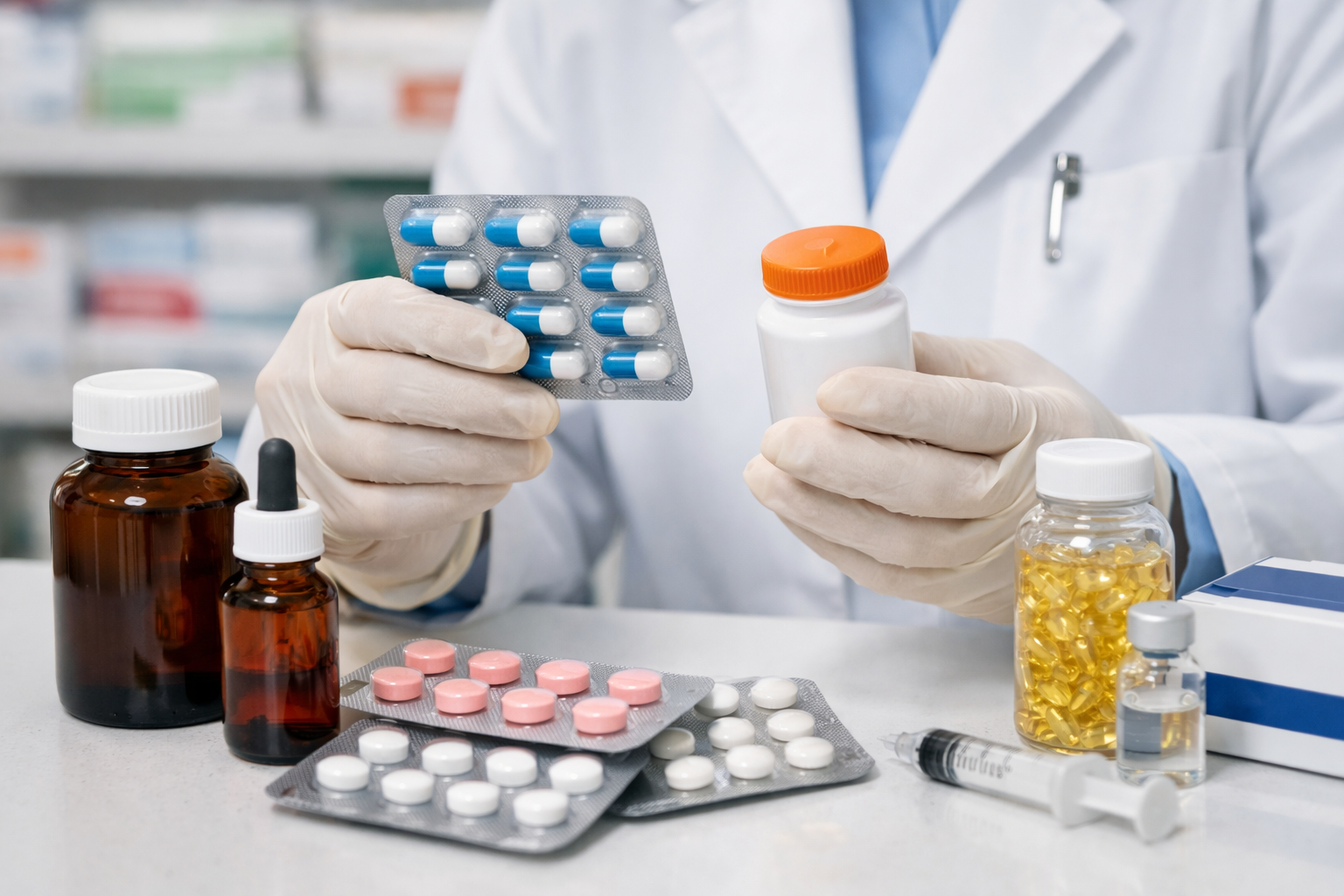 photographic La imagen muestra diferentes medicamentos en una buena forma en una farmacia ordenada y prestigiosa siendo manipulados por un profesional