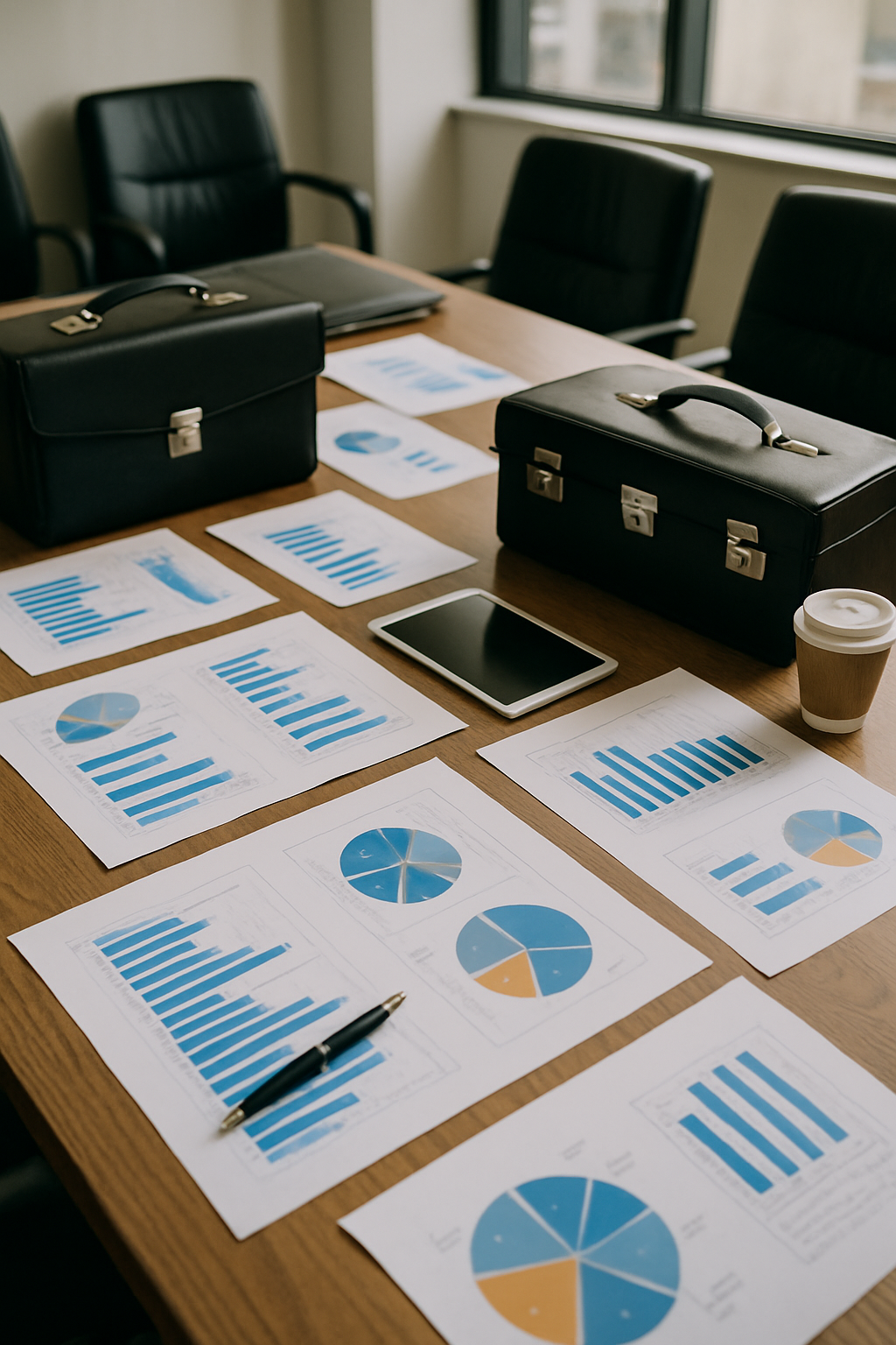 photographic La imagen muestra una mesa en plano cerrado de una sala de juntas empresa llena de papeles maletines grficos y elementos empresariales