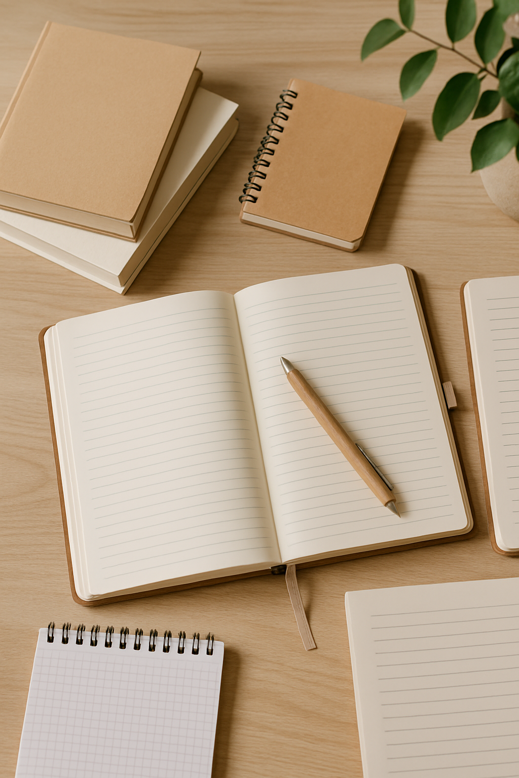 photographic Mesa de un consultorio psicologico lleno de libros cuadernos apuntes de forma ordenada Que se vea como un espacio de paz Un plano cerrado