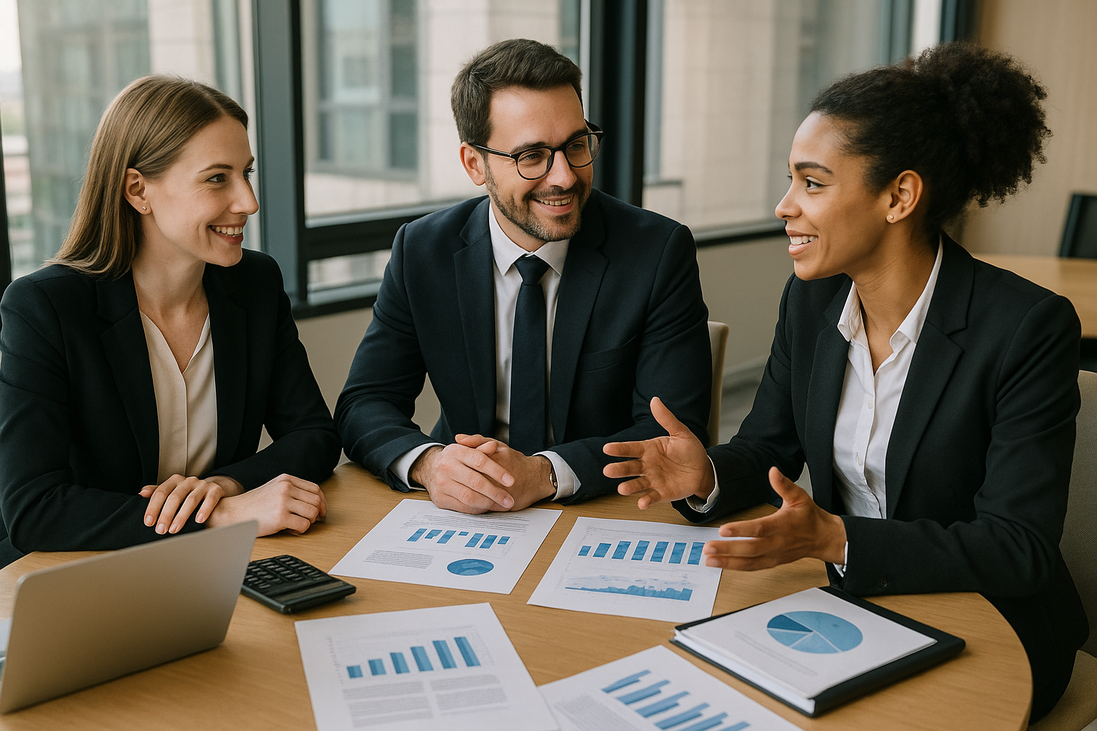 photographic Una imagen muestra a un grupo de dos empresarias y un empresario vestidos de forma elegante sentados en una sala de juntas en una mesa re-1