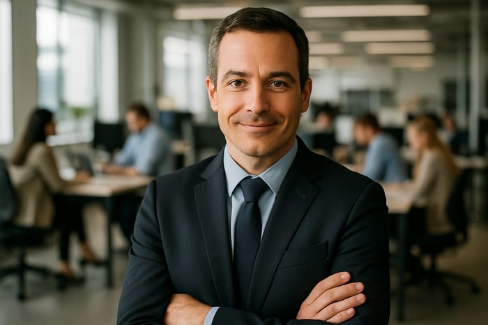 photographic Una imagen que muestra a un empresario en plano medio mirando fijamente a la cmara con una expresin facial de amable de empoderamiento Al-1