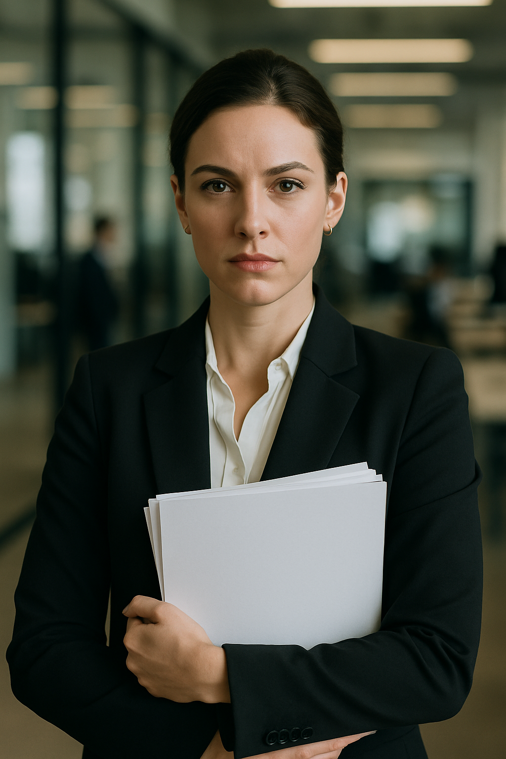 photographic Una imagen que muestra a una empresaria en plano medio cerrado mirando fijamente a la cmara con una expresin facial de empoderamiento Est-1