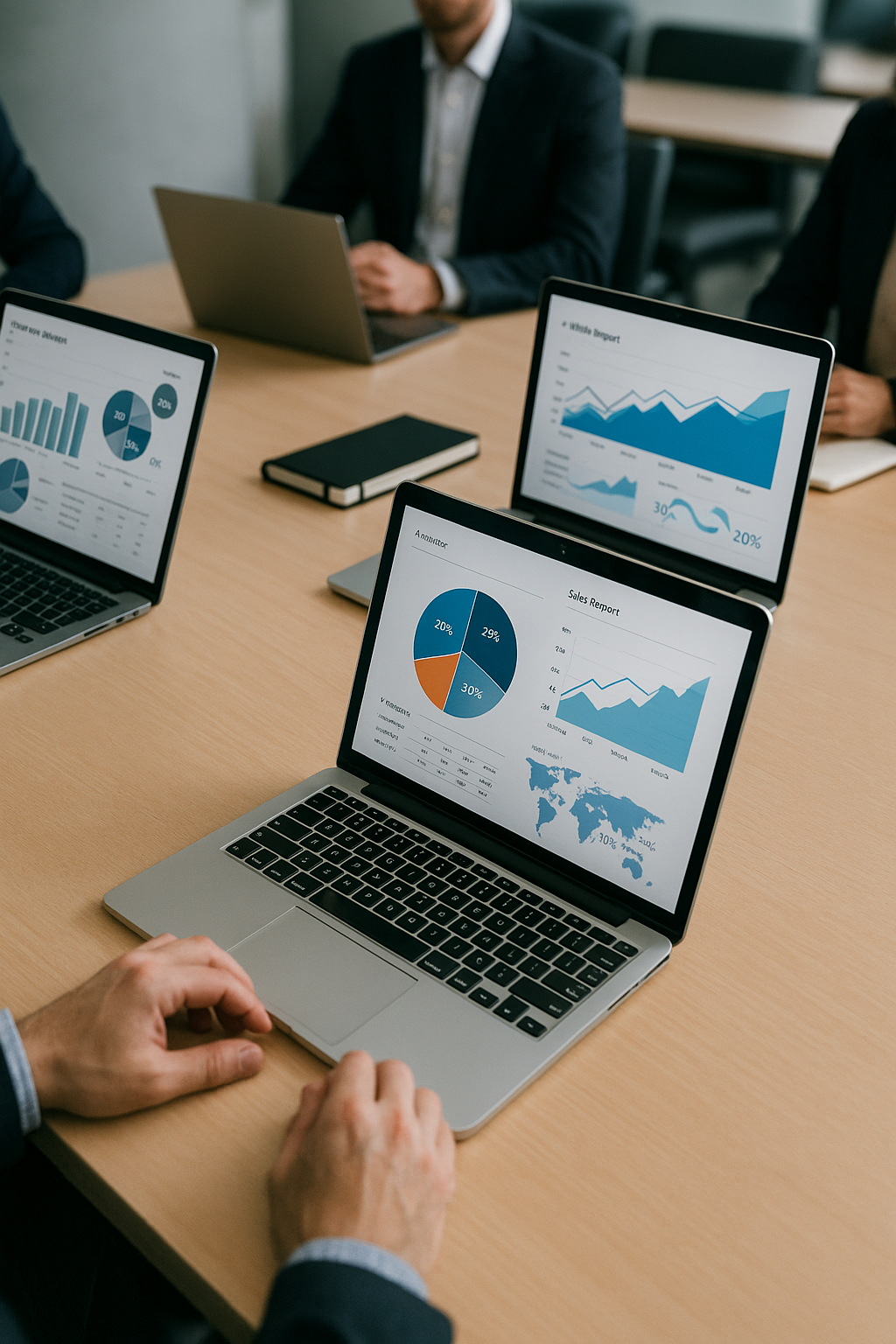 photographic Una imagen que muestra diferentes computadores en una sala de junta empresarial con grficos y diferentes elementos de empresas en las pan-1