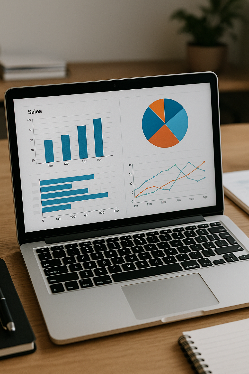 photographic Una imagen que muestra un computador en un plano cerrado que tiene en su pantalla diferentes grficas y un organigrama adems de elementos