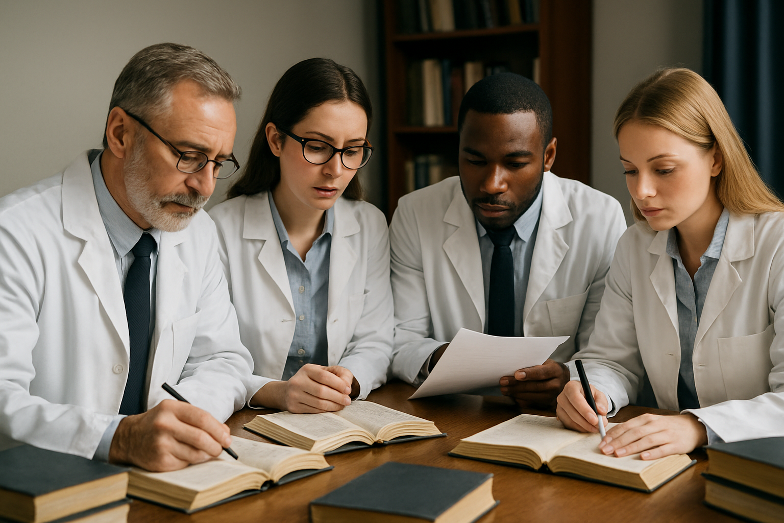 photographic Una imagen que represente a los Psiclogos forenses Donde hayan psiclogos vestidos con sus trajes y batas mdicas Reunidos alrededor de una-2