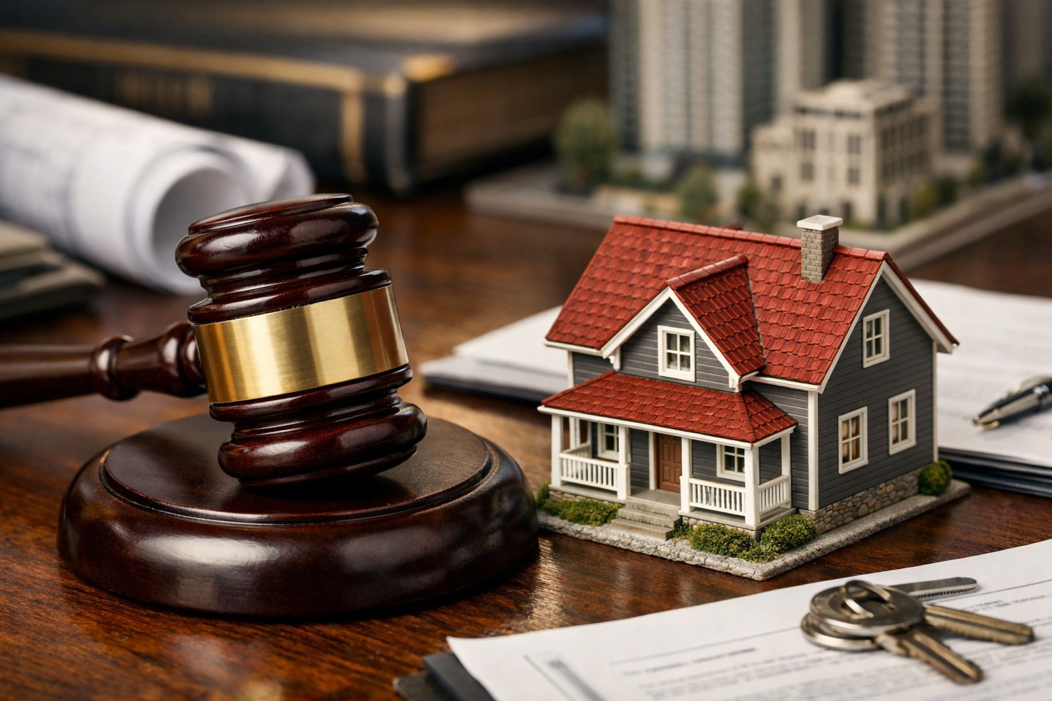 photographic Una imagen que represente las labores de los abogados especialistas en Derecho Urbano e Inmobiliario donde se vea sobre una mesa elegante