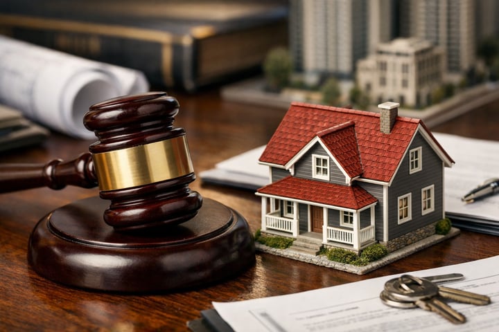 photographic Una imagen que represente las labores de los abogados especialistas en Derecho Urbano e Inmobiliario donde se vea sobre una mesa elegante