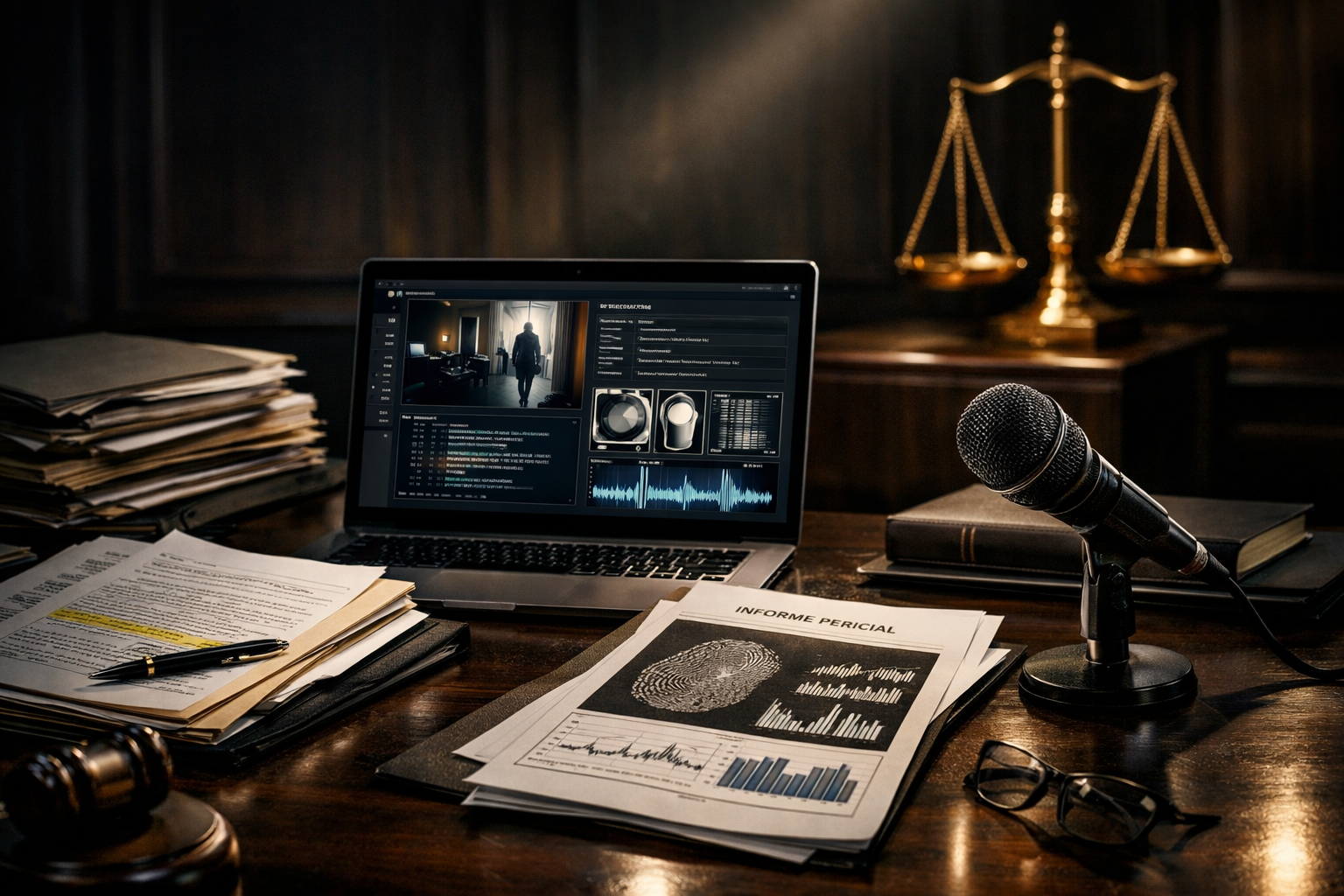 photographic Una imagen que represente un entorno jurdico moderno un escritorio de juez con expedientes abiertos documentos marcados una laptop mostra