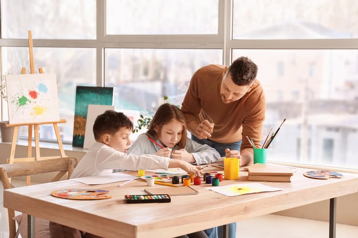 Profesor enseñando a dos niños